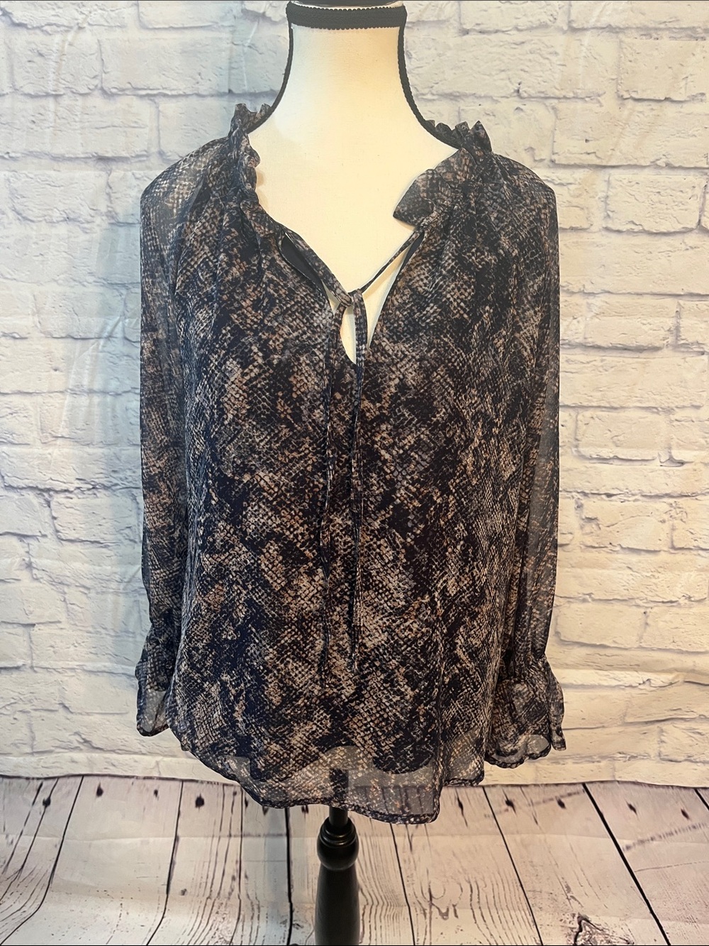 Veronica M. Ruffle Neck Tie Blouse Snakeskin Python Print Size Small